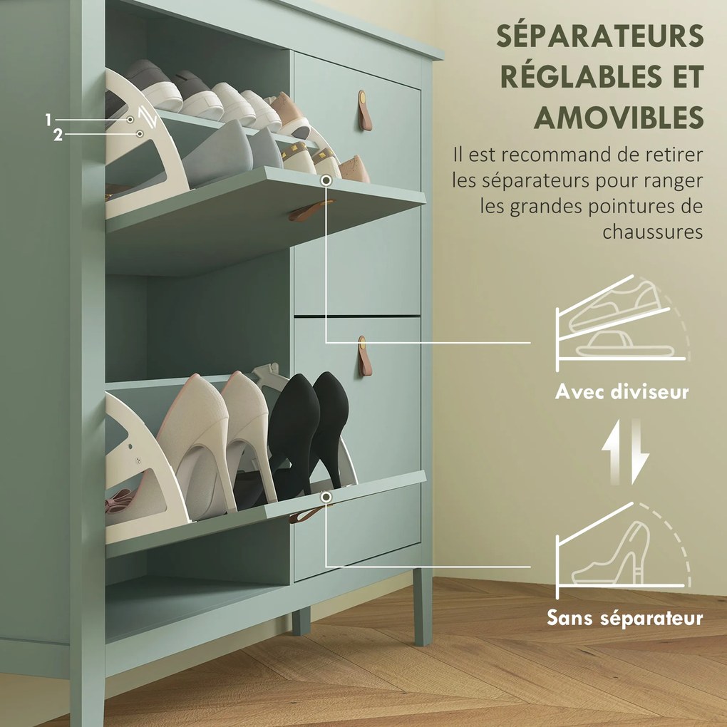 Sapateira com capacidade 105 x 24 x 95,5 cm para 20 pares, com 4 gavetas rebatíveis, prateleiras removíveis e ajustáveis, verde