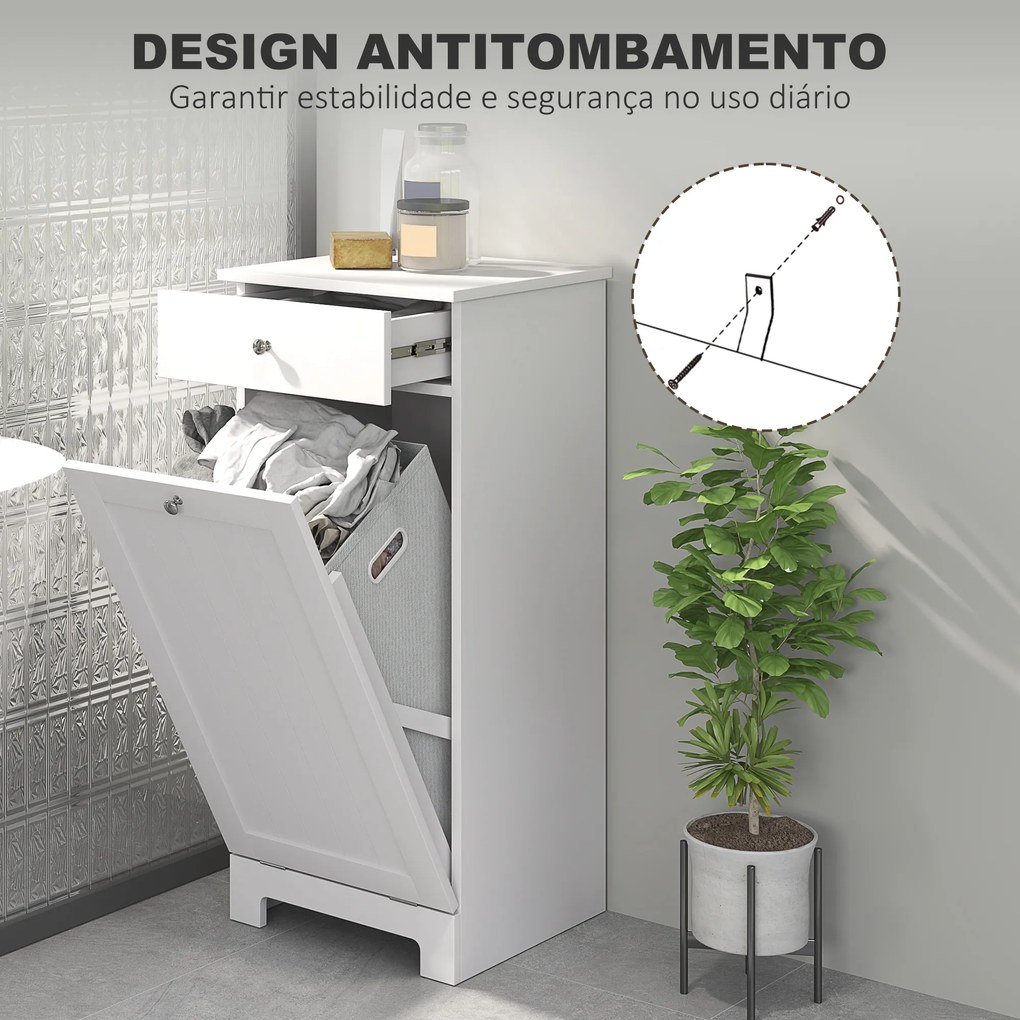 Armário de Casa de Banho com Cesto de Roupa Suja Basculante Móvel para Roupa Suja com Saco de Tecido Dobrável e Gaveta Branco 40x38x90 cm
