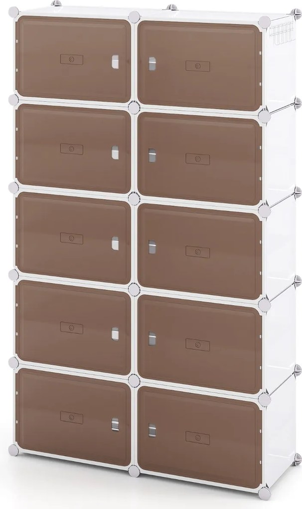 Sapateira com 10 compartimentos 95 x 32 x 155 cm com prateleiras removíveis Ganchos laterais e portas magnéticas branco