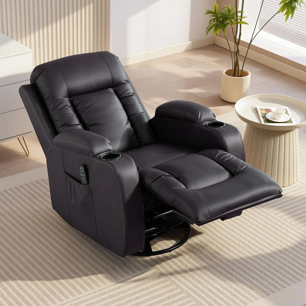 Cadeira reclinável com massagem e aquecimento, cadeira de relaxamento, encosto ajustável, giratória a 360°, 82 x 99 x 103 cm, castanho