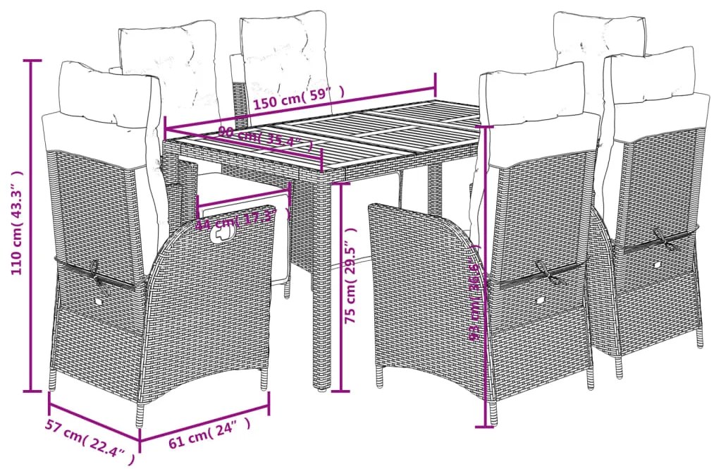 7 pcs conjunto de jantar p/ jardim c/ almofadões vime PE preto