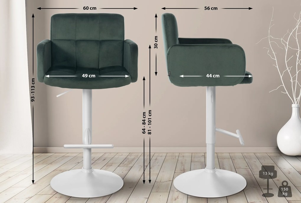 Banco de bar Los Angeles em veludo com estrutura branca 93-113 x 60 x 56 cm Verde