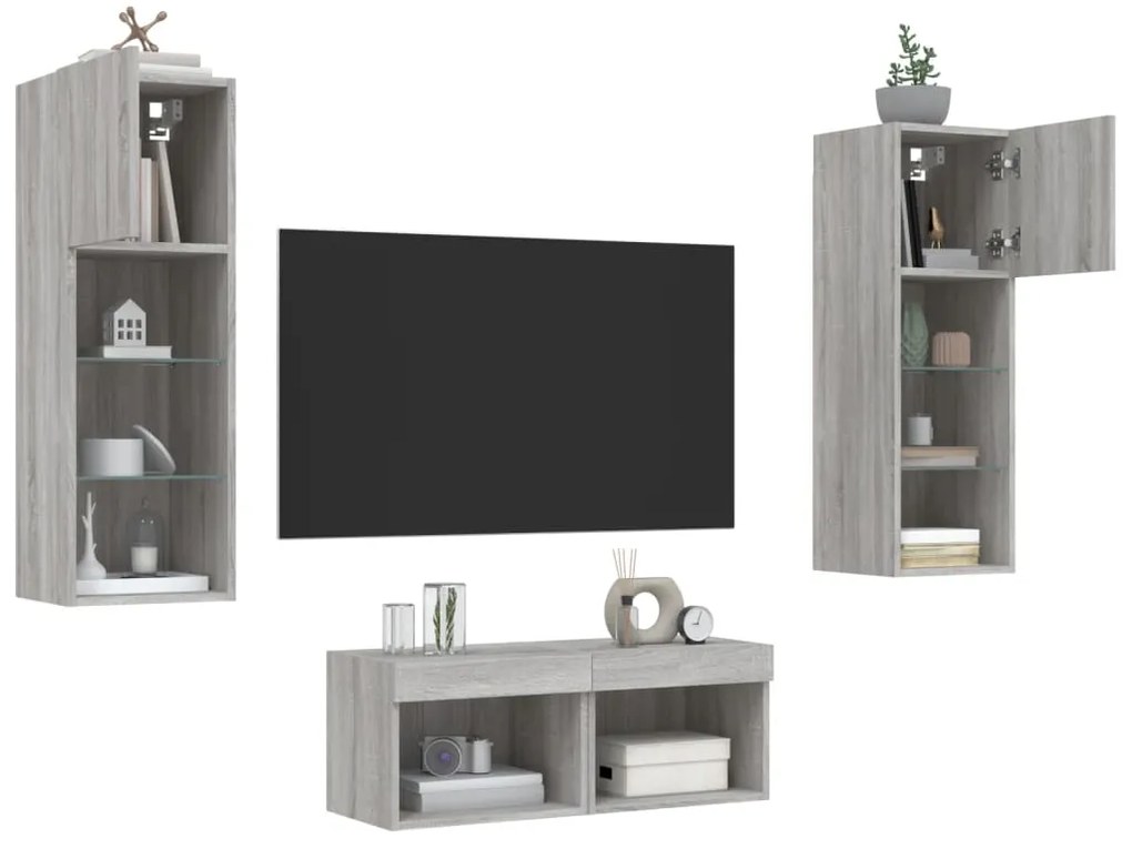 vidaXL 4 pcs móveis de parede para TV com luzes LED cinzento sonoma