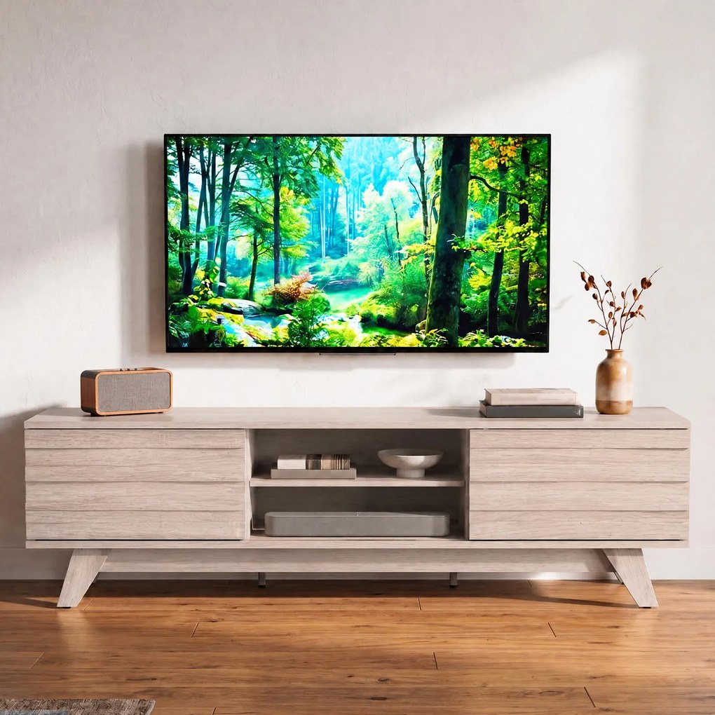 Móvel de TV com Portas de Correr, 145 x 39,5 x 41,5 cm, Prateleira Ajustável, Natural