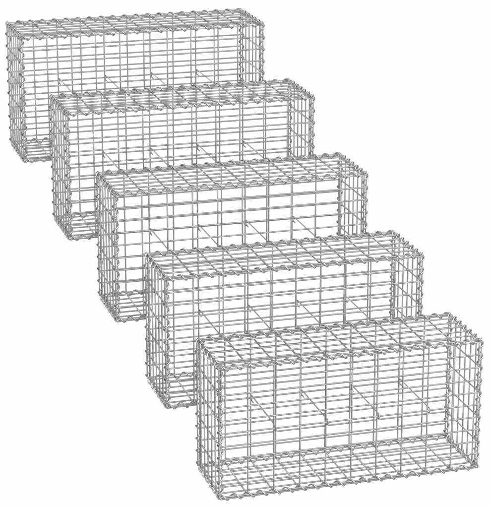 Conjunto de 5 unidades de cestos gabião em aço para pedras 100 x 50 x 30 cm prateado