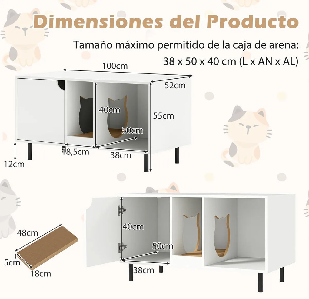 Caixa de areia para 2 gatos 100 cm com tábua de raspar amovível 100 x 52 x 55 cm Branca