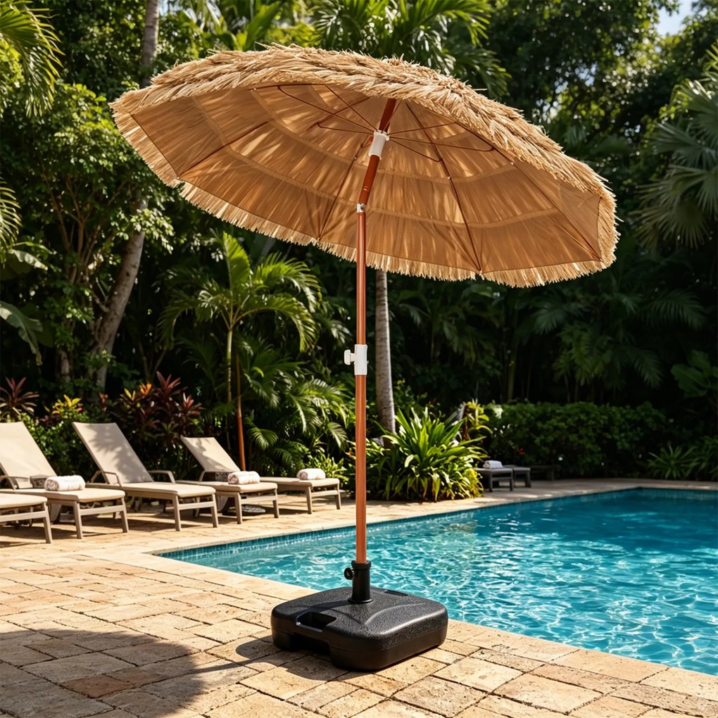 Conjunto de Guarda-Sol de Palha e Base Enchível, Inclinação e Altura Reguláveis, Natural