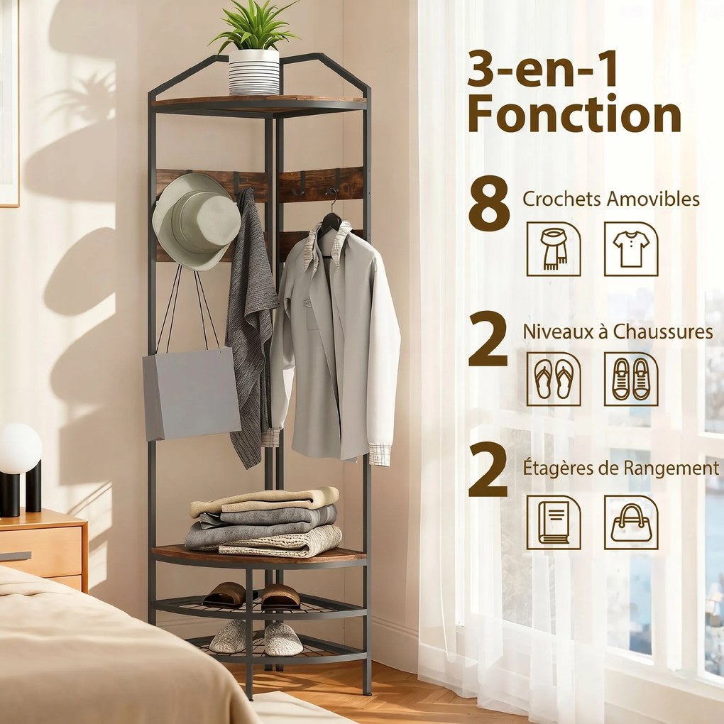 Móvel de entrada de canto 47 L x 47 P x 180 A cm, com 4 níveis, espaço para guardar sapatos, 8 ganchos amovíveis, 2 prateleiras, castanho rústico