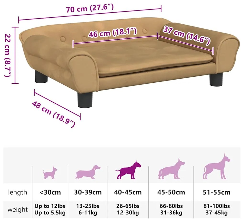 Cama para cães 70x48x22 cm veludo castanho