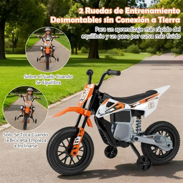 Mota elétrica para crianças 12V com rodas de treino removíveis e suspensão com molas Laranja