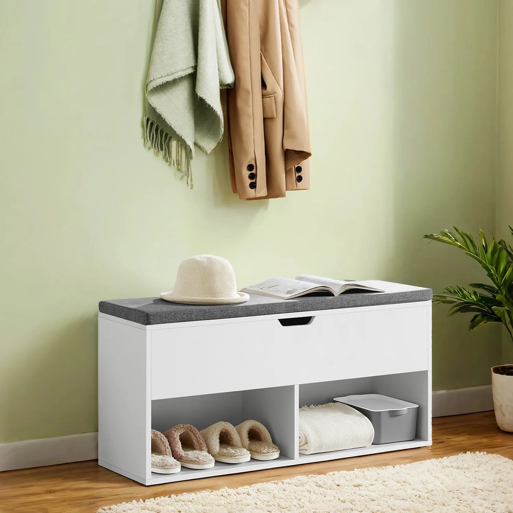 Banco sapateira para sapatos com espaço de arrumação sob a tampa, 100 x 30 x 48 cm branco