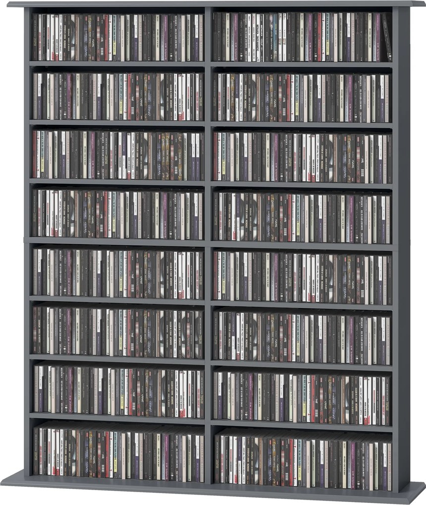 Organizador para CD e DVD 106,5 L x 24 P x 126,3 A cm com 16 compartimentos e 12 prateleiras ajustáveis, capacidade máxima de 720 CD/396 DVD e Blu-ray