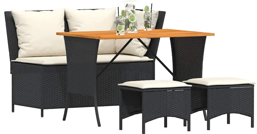 4 pcs conjunto de jardim p/ jardim c/ almofadões vime PE preto