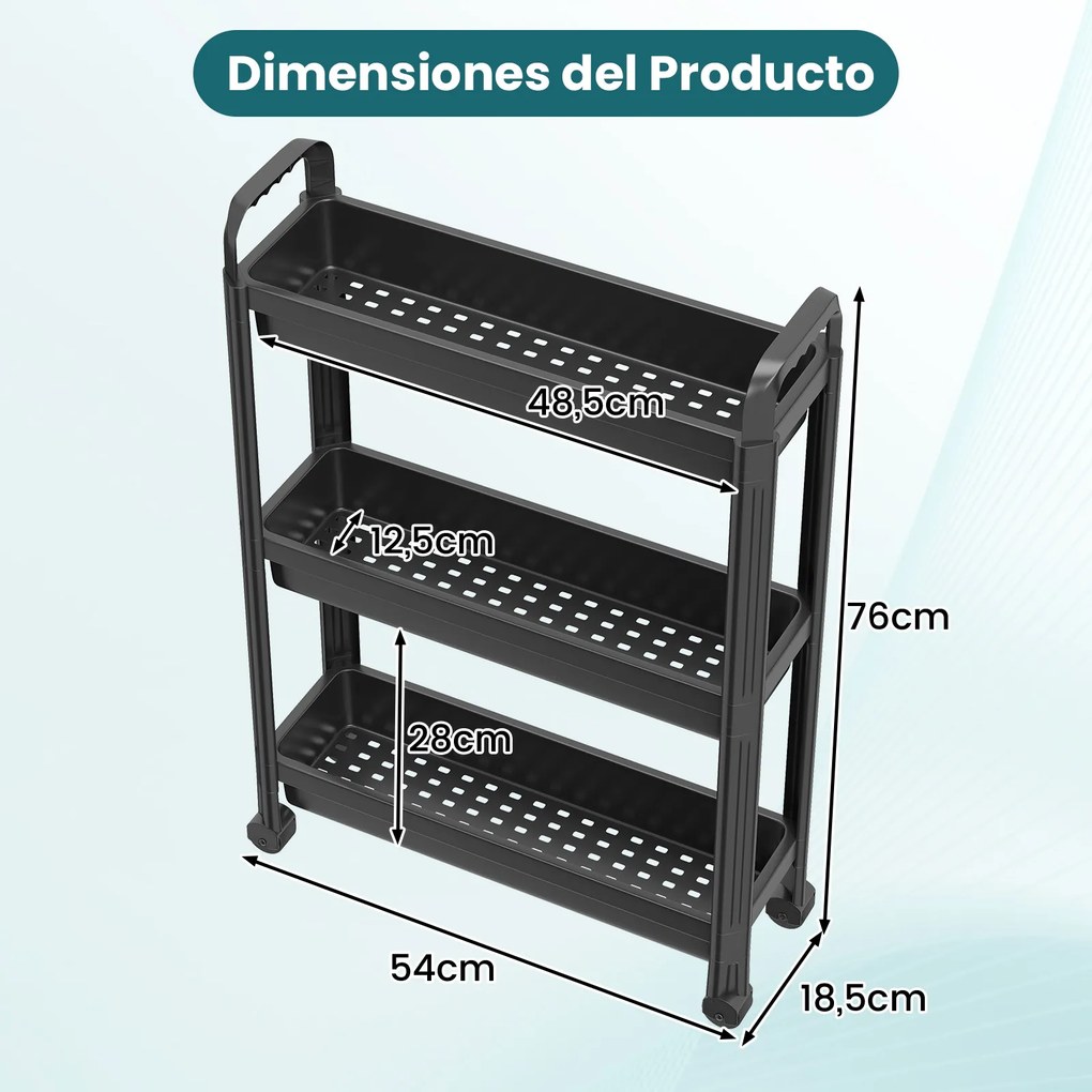 Carrinho estreito de 3 níveis com rodas e pegas54×18,5×76 cm Organizador móvel para cozinha, casa de banho, lavandaria e escritório Preto