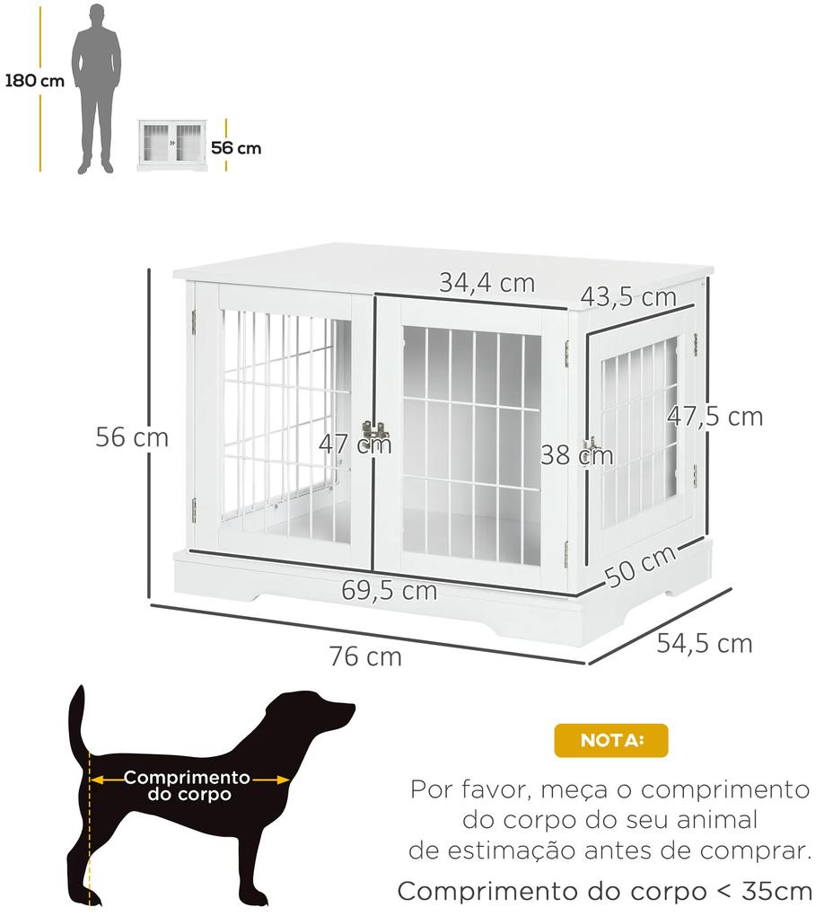 Gaiola para Cães Pequenos de Madeira 76x54,5x56cm Gaiola com Superfície de Mesa de Armazenamento com 2 Portas e Grade de Aço Branco