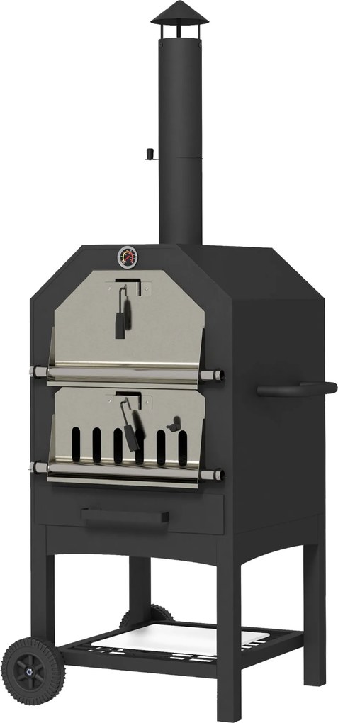 Outsunny Forno de pizza exterior 2 em 1, com pedra para pizza, compartimento de cinzas, 2x grelha, termómetro, resistente à ferrugem, Preto | Aosom Portugal
