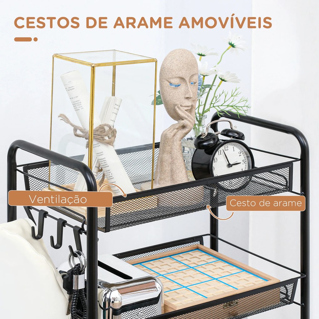 Carrinho cozinha Auxiliar com Rodas de 5 Níveis com Cestos de Malha Removíveis e Estrutura de Aço 45x26,5x106 cm Preto