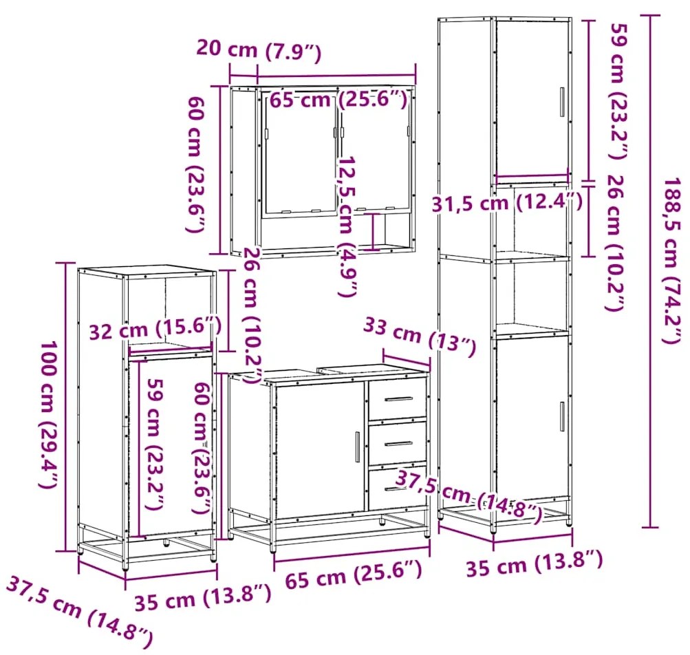 4 pcs Conjunto móveis casa de banho madeira proc. cinza sonoma