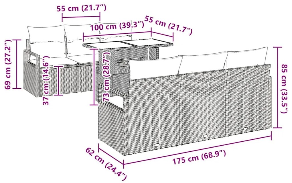 Conjunto de Sofá de Jardim 7 Peças com Almofadas Pretas em Rattan Poli