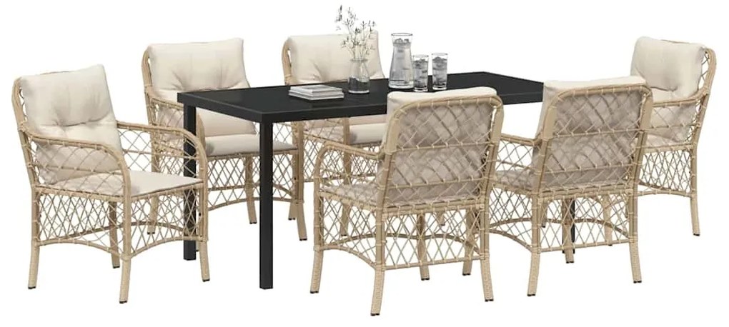 Conjunto de Jantar Jardim 7 Peças com Almofadas Bejas em Rattan Sintét