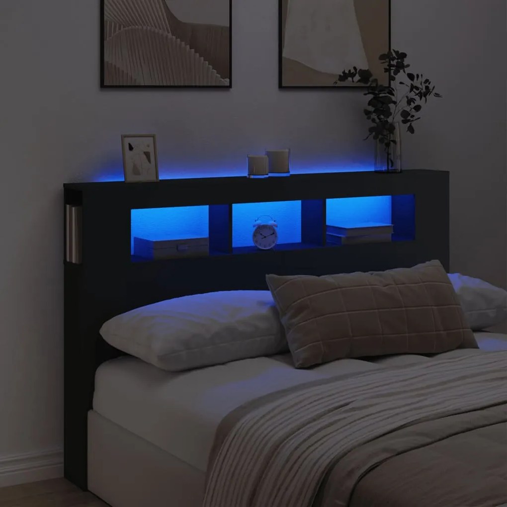 vidaXL Cabeceira cama c/ LEDs 160x18,5x103,5 cm deriv. madeira preto