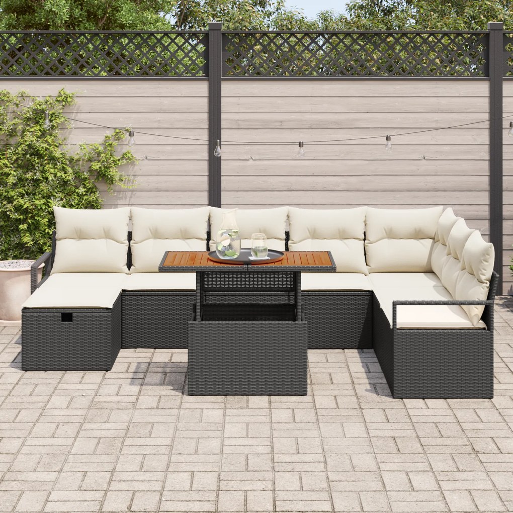 Conjunto de Sofá de Jardim vidaXL 9 Peças com Almofadas Preto Rattan S