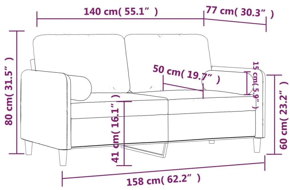 Sofá 2 lugares c/ almofadas decorativas 140 cm veludo castanho