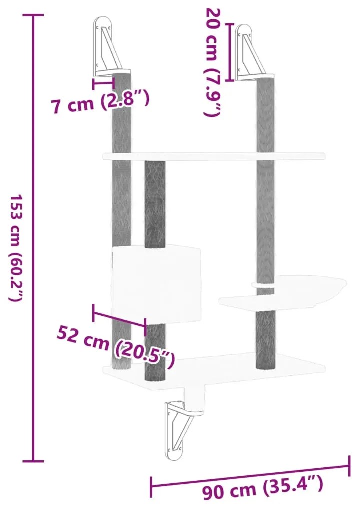 Árvore parede p/ gatos c/ poste arranhador 153 cm cinza-escuro