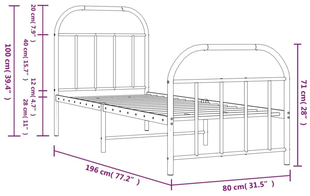 Estrutura de cama com cabeceira e pés 75x190 cm metal preto