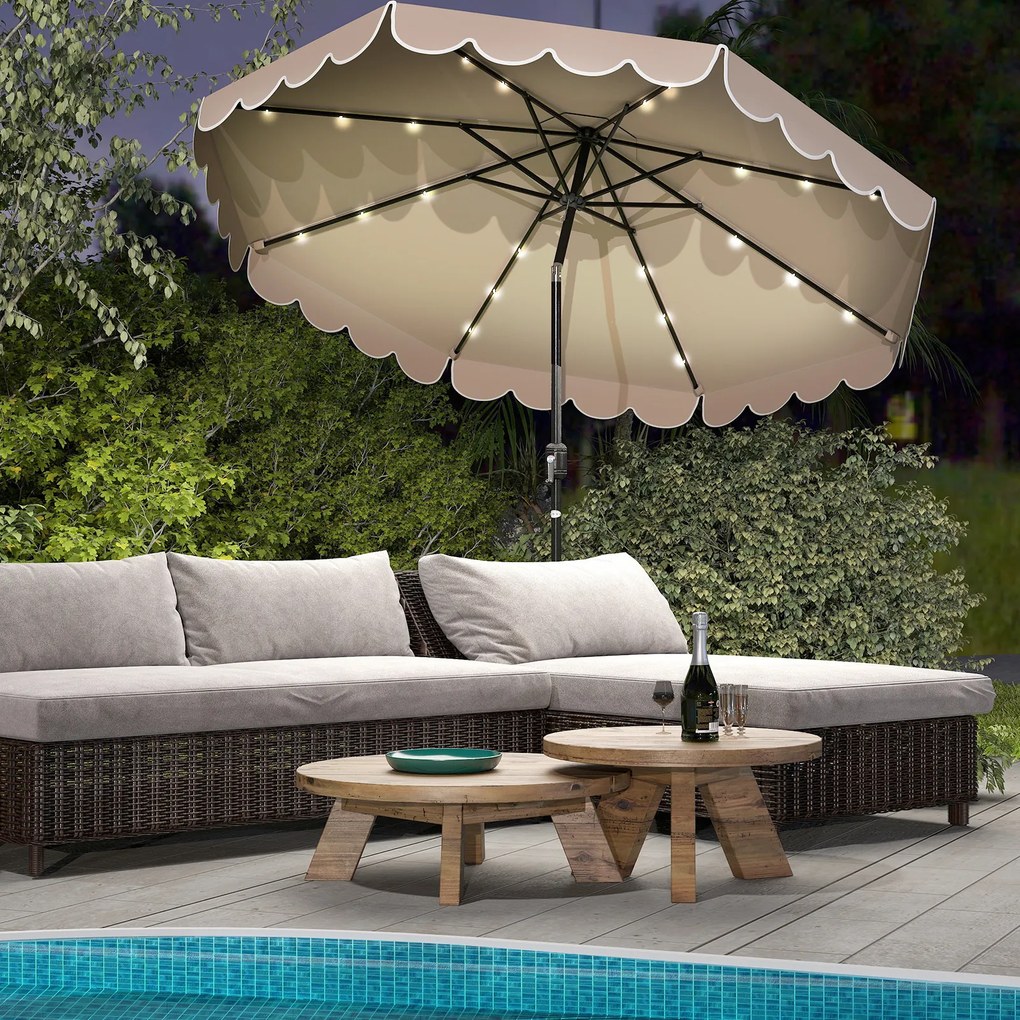 Guarda-sol de pátio de 300 cm com 24 luzes LED, parte superior ventilada, folhos e ajuste de inclinação, café