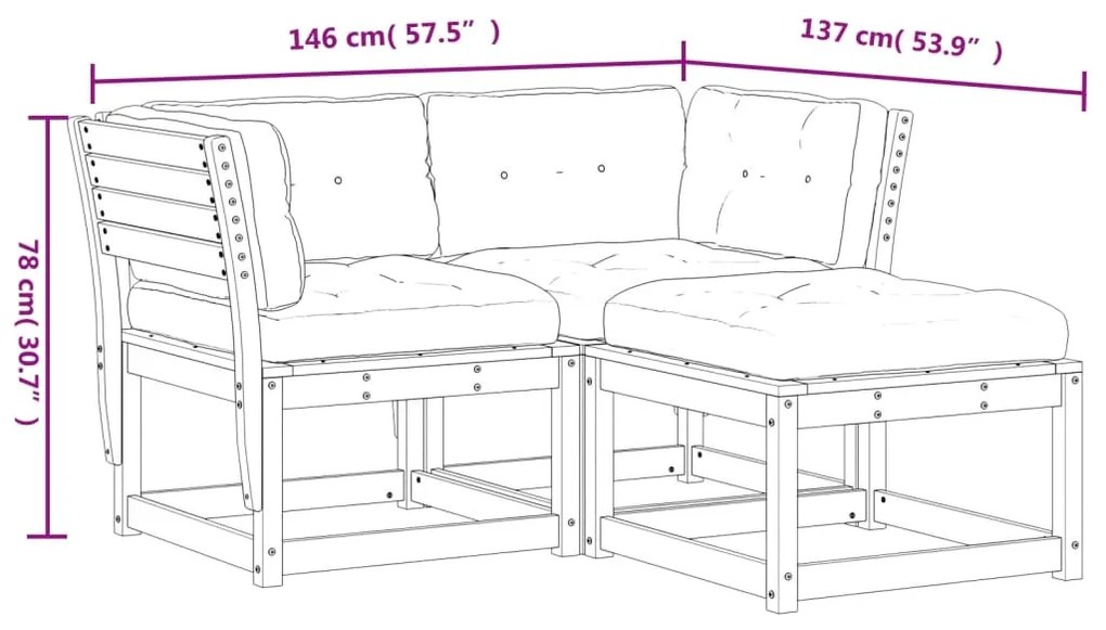 3 pcs conj. sofás de jardim c/ almofadões pinho maciço branco