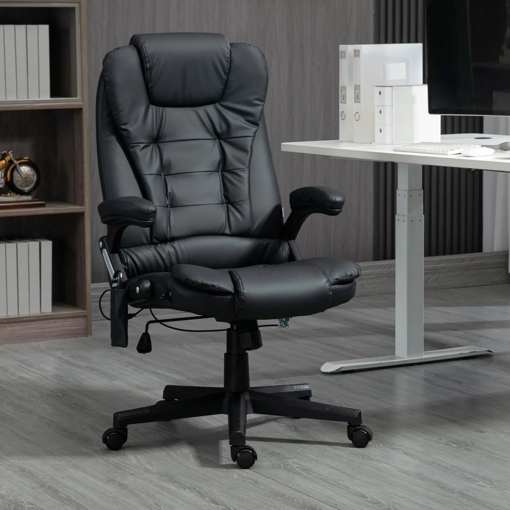 Cadeira de escritório com massagem e aquecimento elétrico, cadeira de escritório ergonómica com revestimento sintético preto