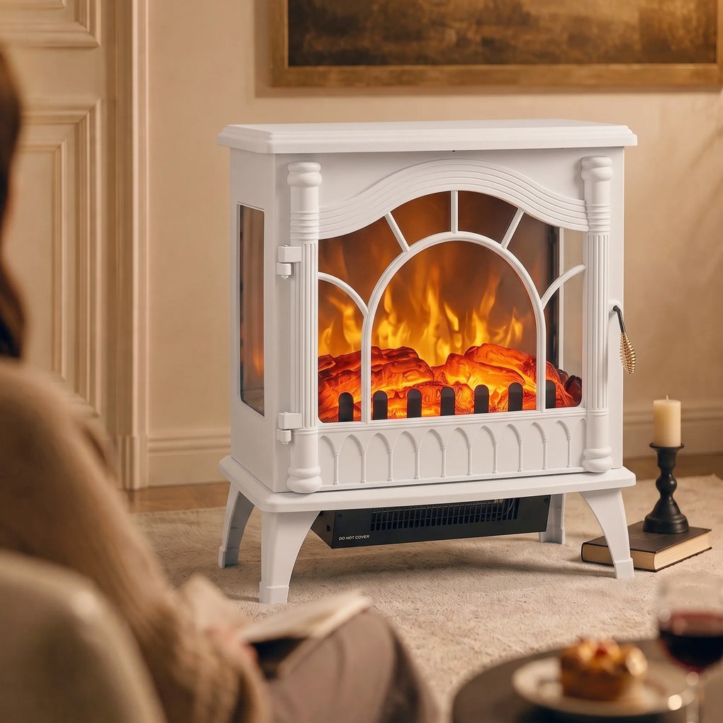 Lareira Elétrica 1000W/2000W com Temperatura Ajustável e Proteção contra Sobreaquecimento 55x31x58 cm Branca