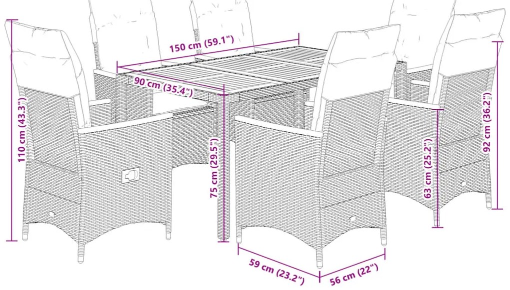 7 pcs conjunto de jantar p/ jardim c/ almofadões vime PE cinza