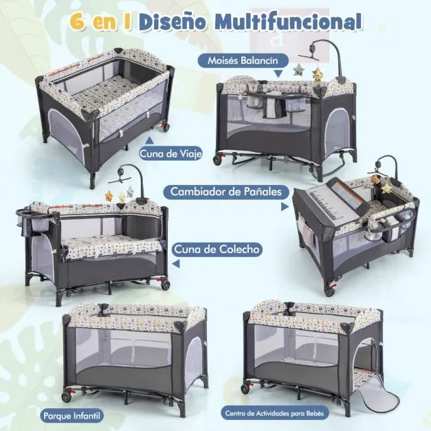 Berço dobrável para bebé, trocador de fraldas com caixa de música e brinquedos pendurados 110 x 76 x 76 cm Cinza
