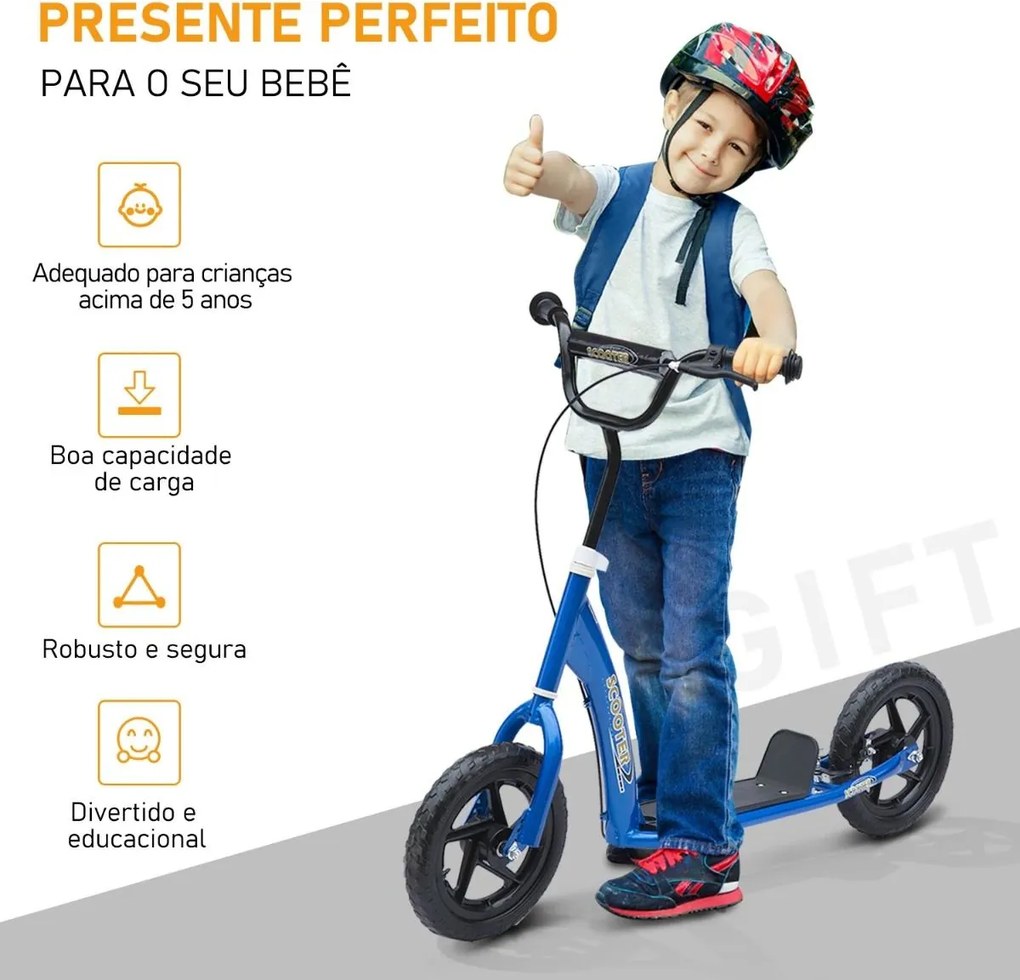 Trotinete para Crianças acima de 5 anos Scooter de 2 Rodas Grandes de 12 Polegadas com Freio e Guidão Ajustável em Altura Carga Máx. 50kg 120x52x80-88