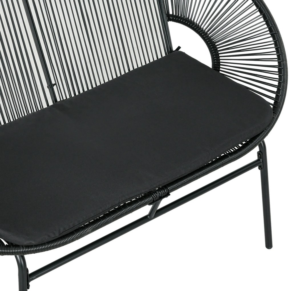 Sofá Acapulco de 2 Lugares com Apoios de Braço Almofada e Estrutura de Aço para Jardim Terraço Pátio 132x72x83 cm Preto