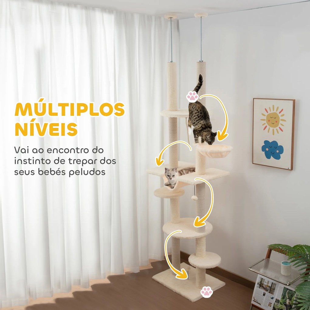 Arranhador para Gatos do Chão ao Teto 225-255 cm com 7 Níveis Rede Plataformas Postes de Arranhar  Bege e Cinza