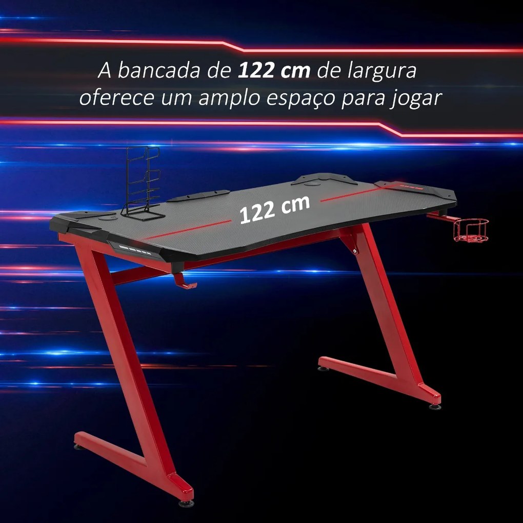 HOMCOM Secretária Gaming para Computador com Porta Copos Gancho para Fones de Ouvidos Suporte para Gamepad e 2 Orifícios Passa Cabos 122x66x76cm