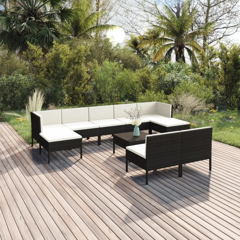 vidaXL 10 pcs conjunto lounge de jardim c/ almofadões vime PE preto
