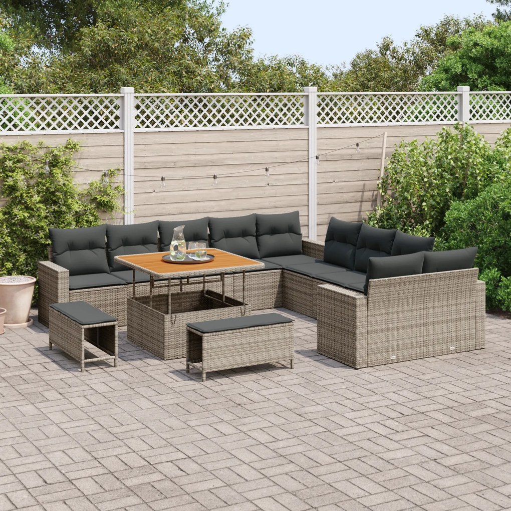 Conjunto de Sofá de Jardim de 13 Peças com Almofadas Cinza Poli Rattan
