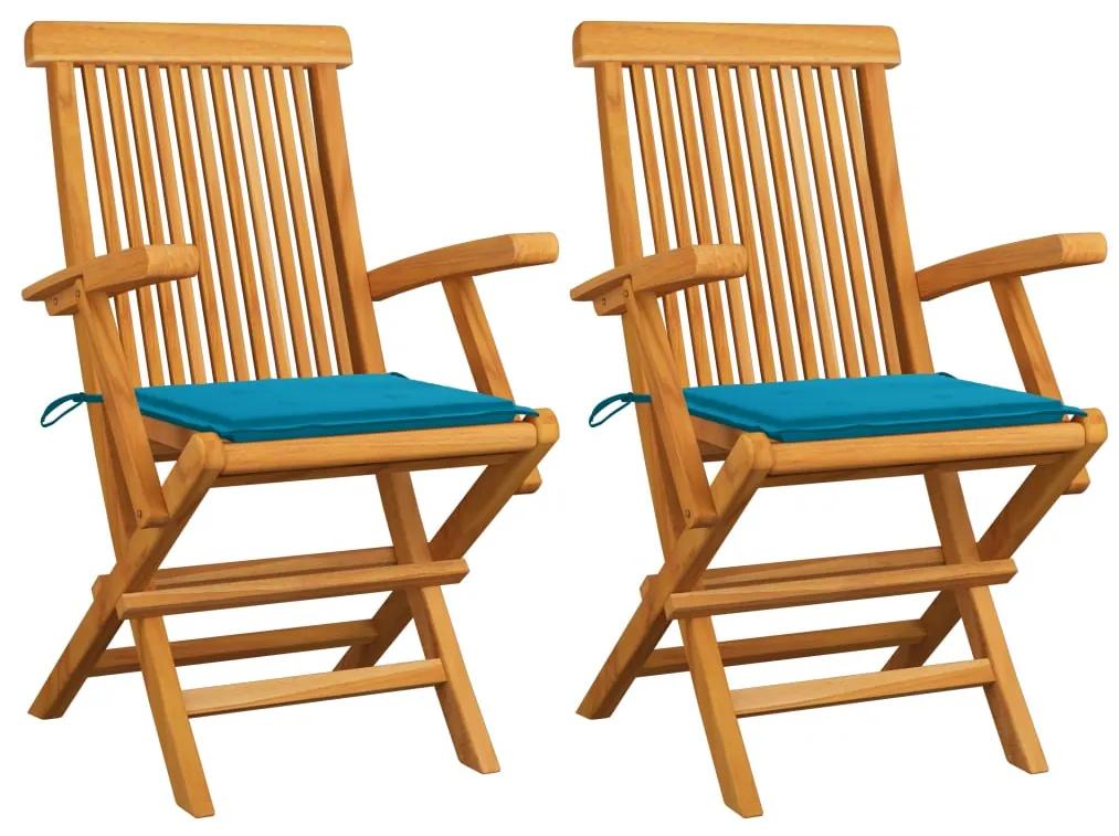Cadeiras de jardim c/ almofadões azuis 2 pcs teca maciça