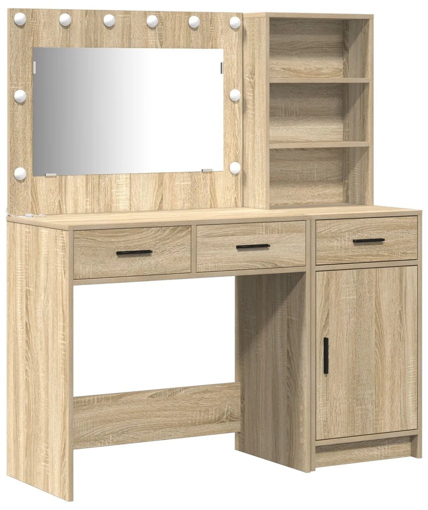 Conjunto de Mesa de Maquilhagem de 2 Peças com LED em Madeira de Carva