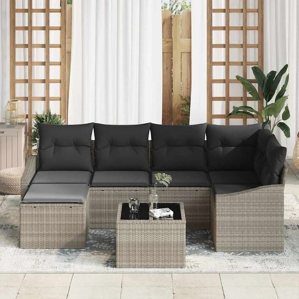 Conjunto de Sofá de Jardim 7 Peças com Almofadas Cinzas em Rattan Sint