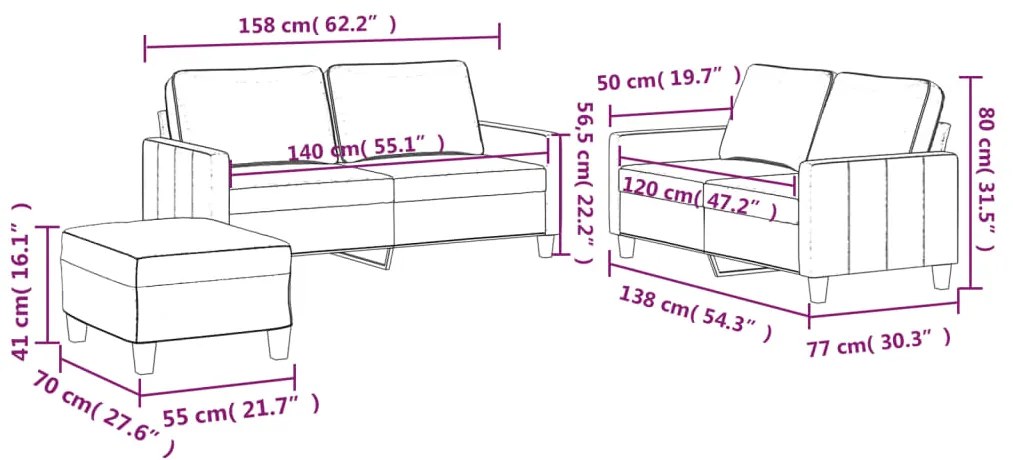 3 pcs conjunto de sofás com almofadões veludo cinzento-claro