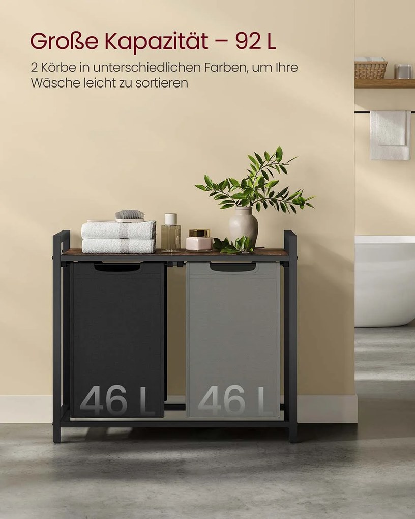 Cesto para roupa suja 2 x 46 litros com prateleira 73 x 33 x 72 cm preto + cinzento + castanho vintage