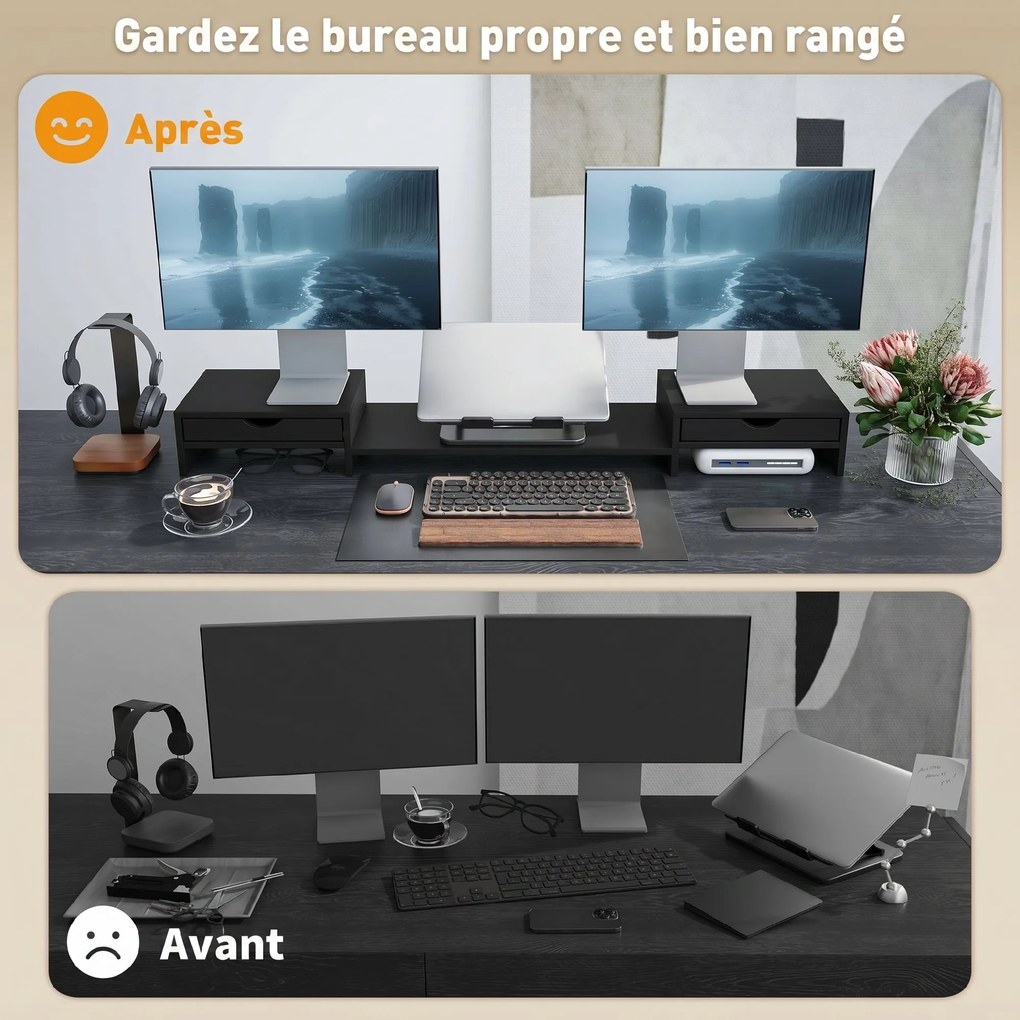 Suporte elevador para ecrã de computador de secretária, suporte para ecrã de computador de 60 a 116 cm com 2 gavetas, comprimento e ângulo ajustáveis,