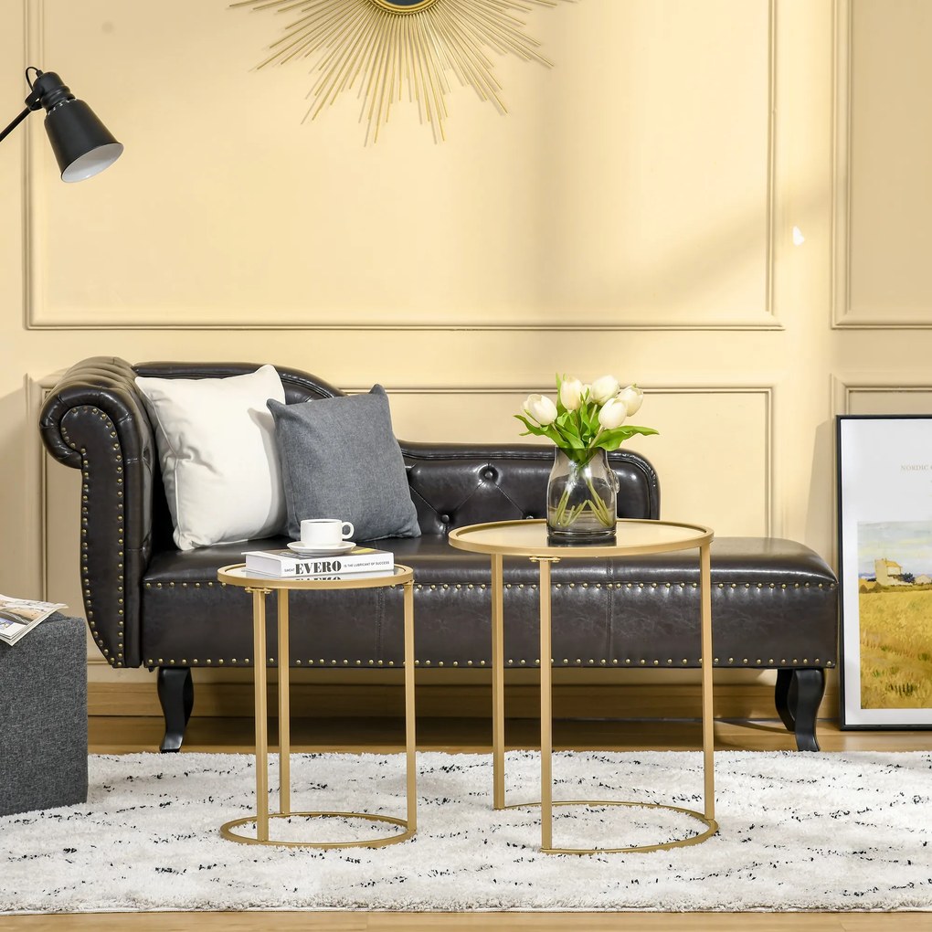 HOMCOM Conjunto de 2 Mesas Auxiliares Mesas Auxiliares com Estrutura de Metal e Bancada de Vidro para Sala de Estar Dormitório Ø50x58 cm e Ø37x51 cm Dourado