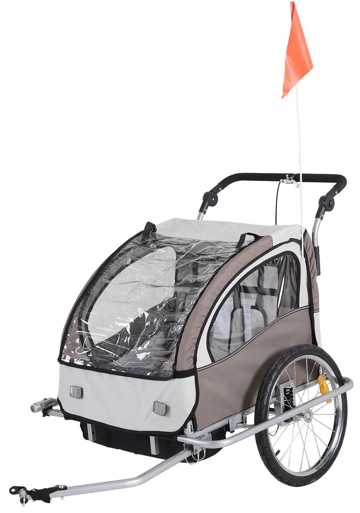 HOMCOM Reboque de Bicicleta para Crianças 2 Lugares 2 em 1 Reboque para Crianças Convertível em Carrinho com Rodas 360º Amortecedores e Guiador Ajustável Bege e Marrom