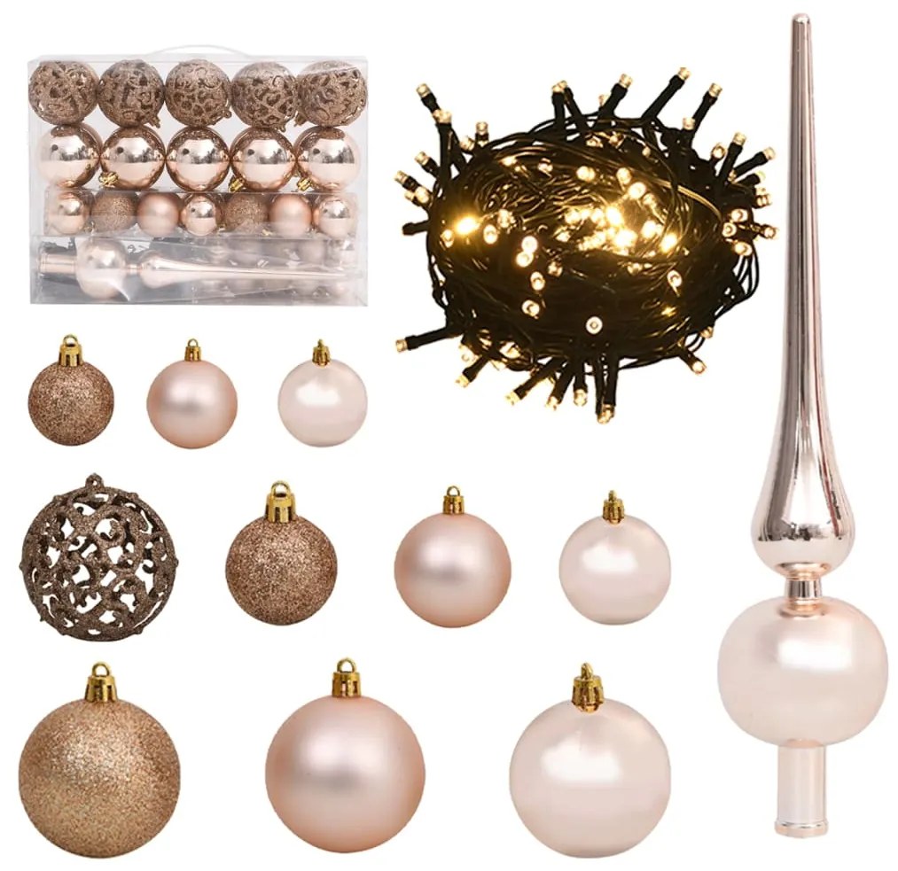 Conj. de bolas de natal 61 pcs c/ pico e 150 LEDs rosa dourado